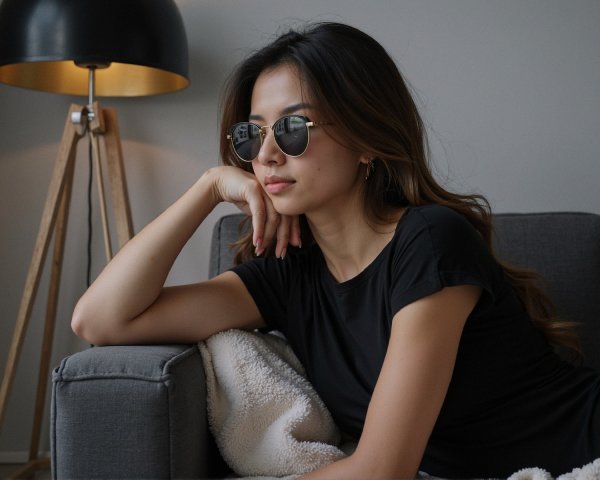 Young woman in round sunglasses on gray sofa