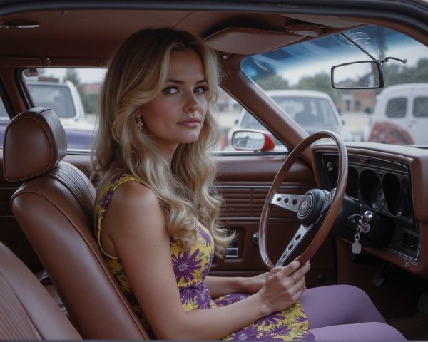 Vintage Car Interior with a Young Woman in Floral Dress