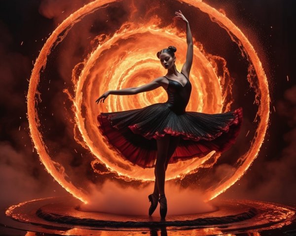 Ballerina in Black and Red Tutu with Fiery Backdrop