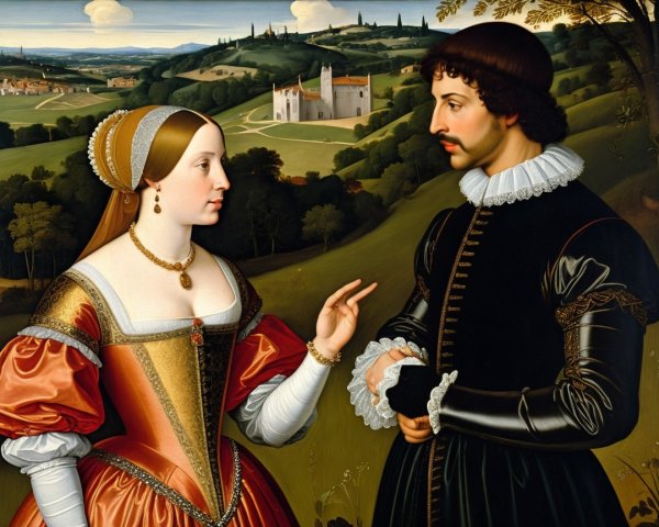 Renaissance Couple in Lush Landscape with Castle