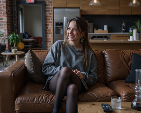 Woman on Brown Leather Sofa in Modern Living Space