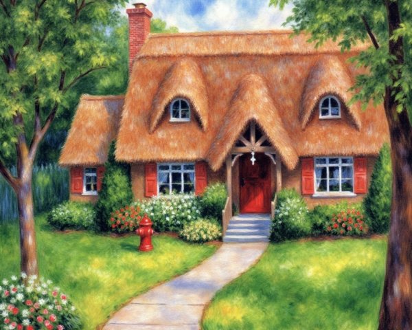 Thatched-Roof Cottage Surrounded by Lush Greenery