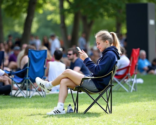 Young woman in hoodie sits in park crowd with phone