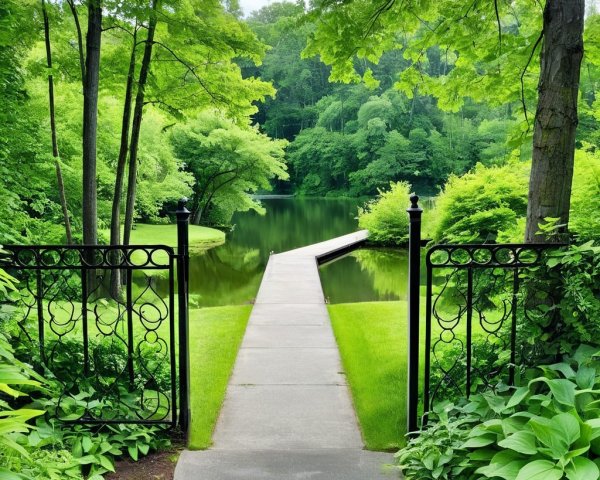 Tranquil Lake Pathway with Wrought-Iron Gate and Trees