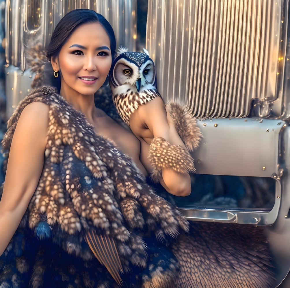 Woman in glamorous attire with feather motif holding owl next to vintage car