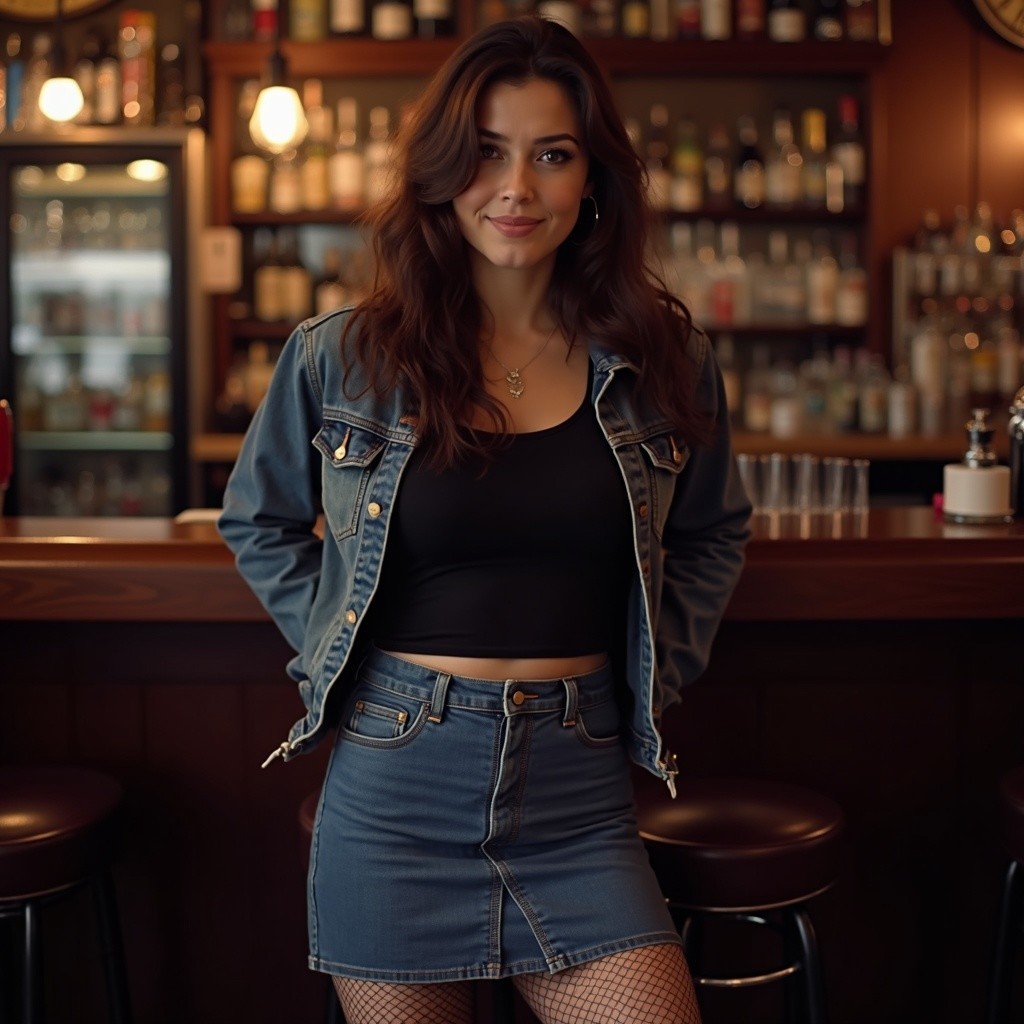 Young Woman in Cozy Bar with Stylish Outfit