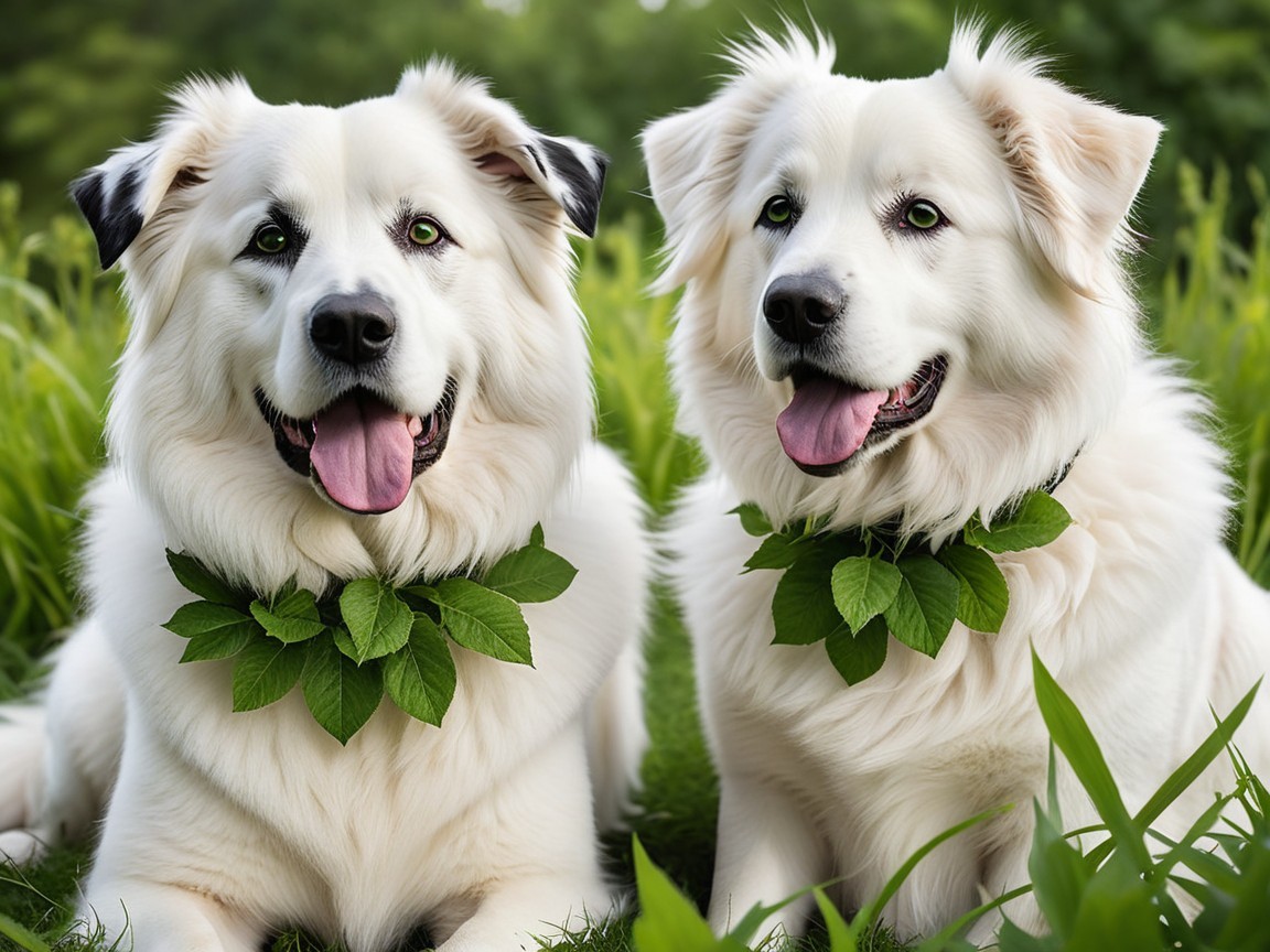Fluffy White Dogs in a Green Field Setting