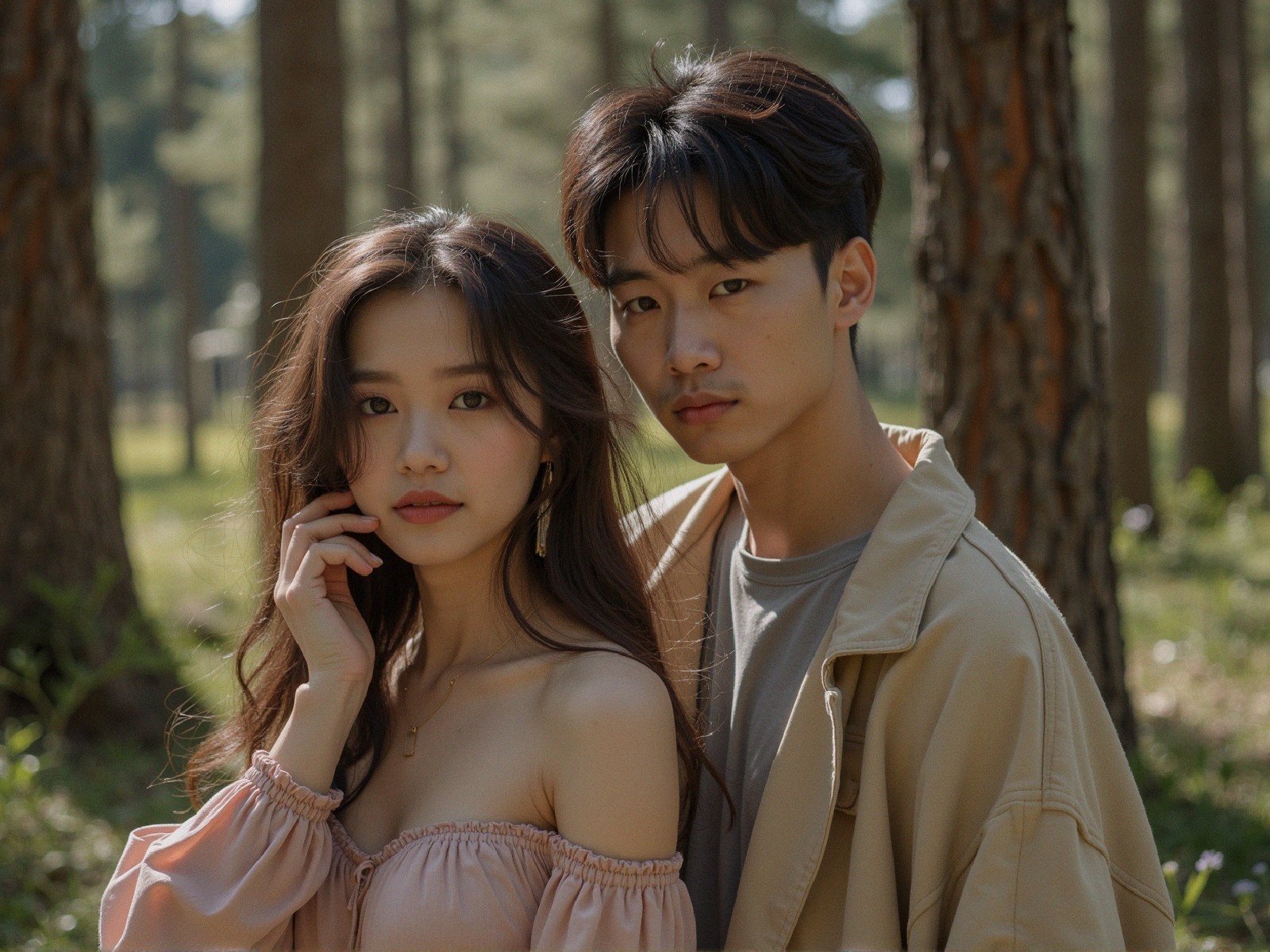 Young couple in sunlit forest with romantic vibe