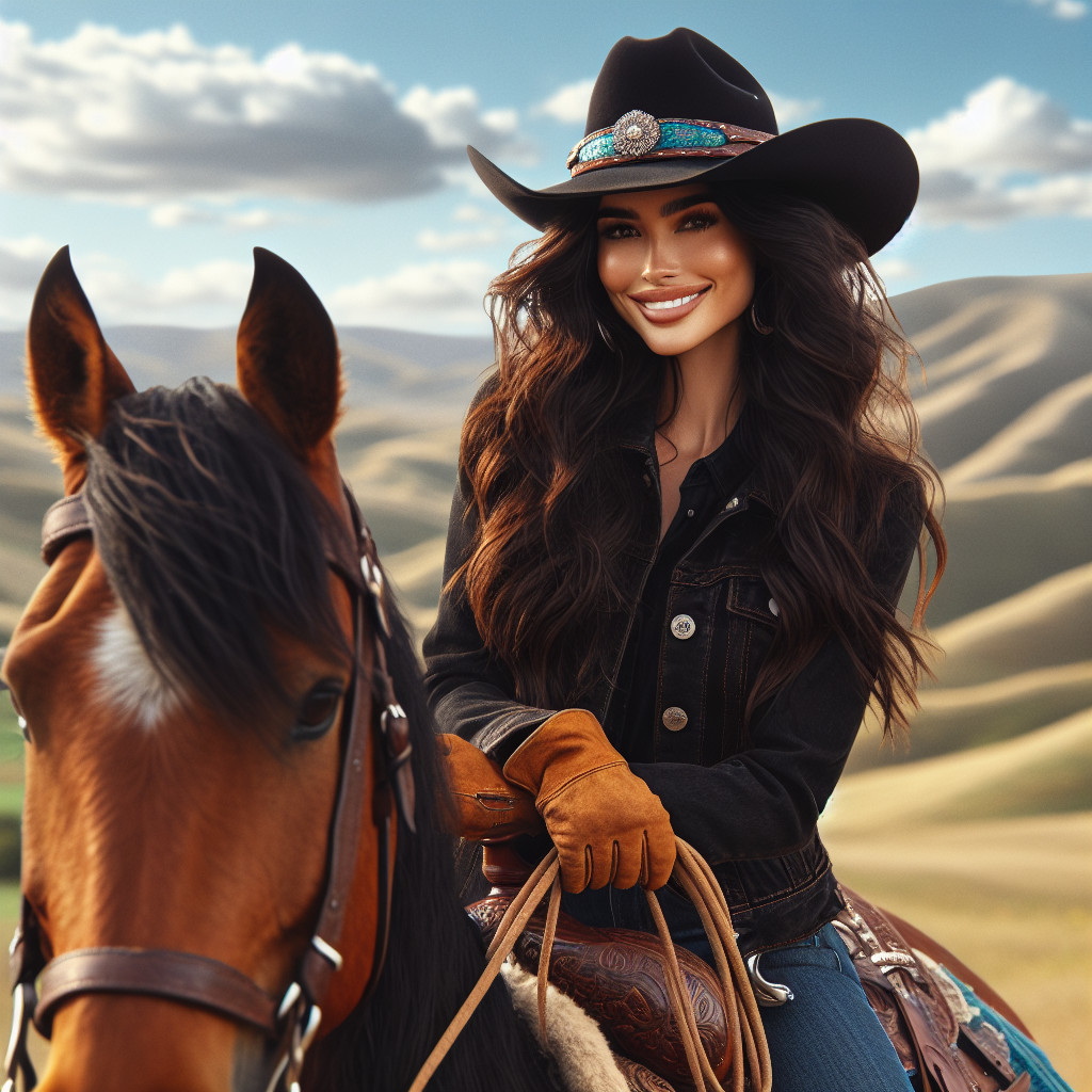 Confident Woman Horseback Riding in Scenic Landscape