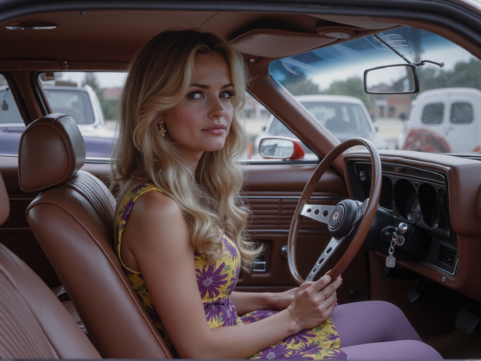 Vintage Car Interior with a Young Woman in Floral Dress