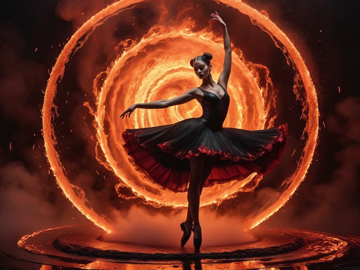 Ballerina in Black and Red Tutu with Fiery Backdrop