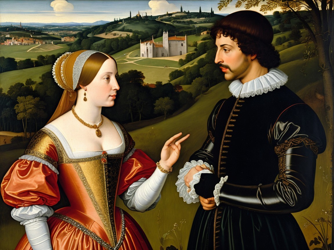 Renaissance Couple in Lush Landscape with Castle