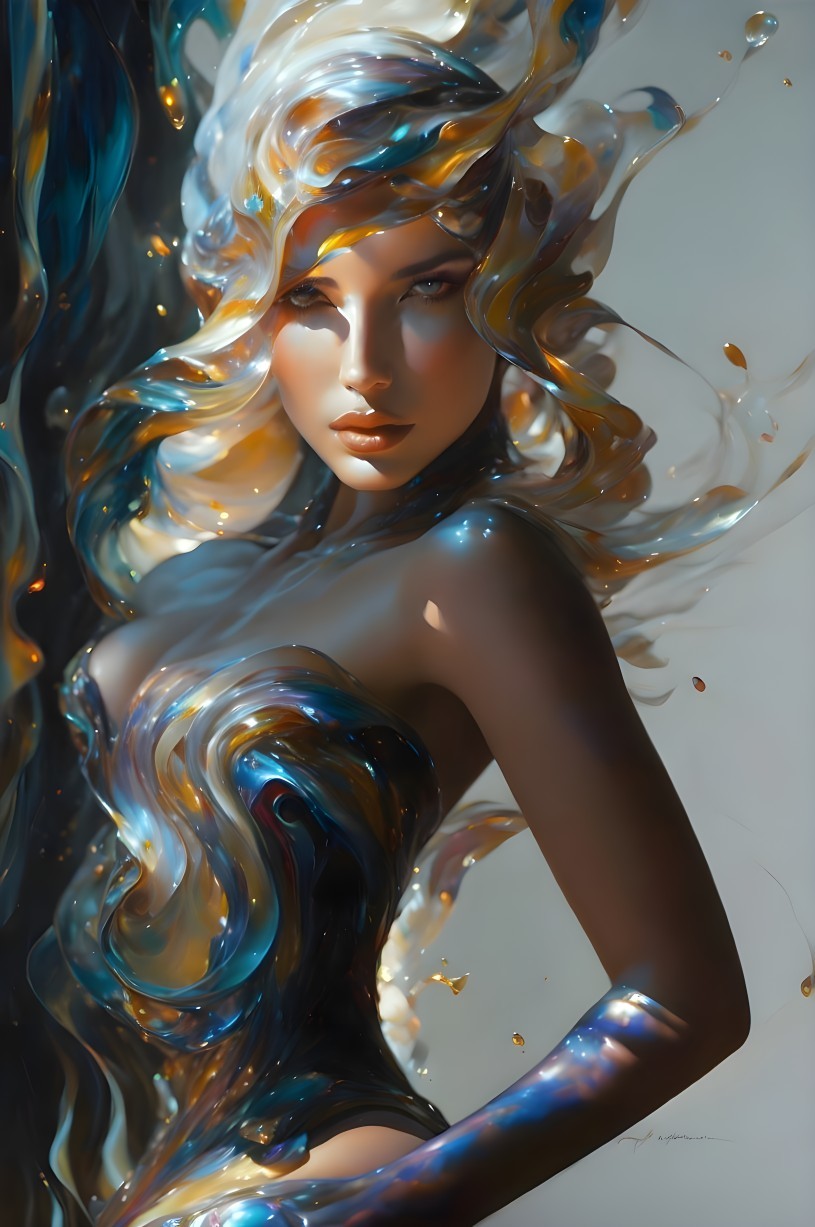 Ethereal woman with flowing blue and gold hair portrait.