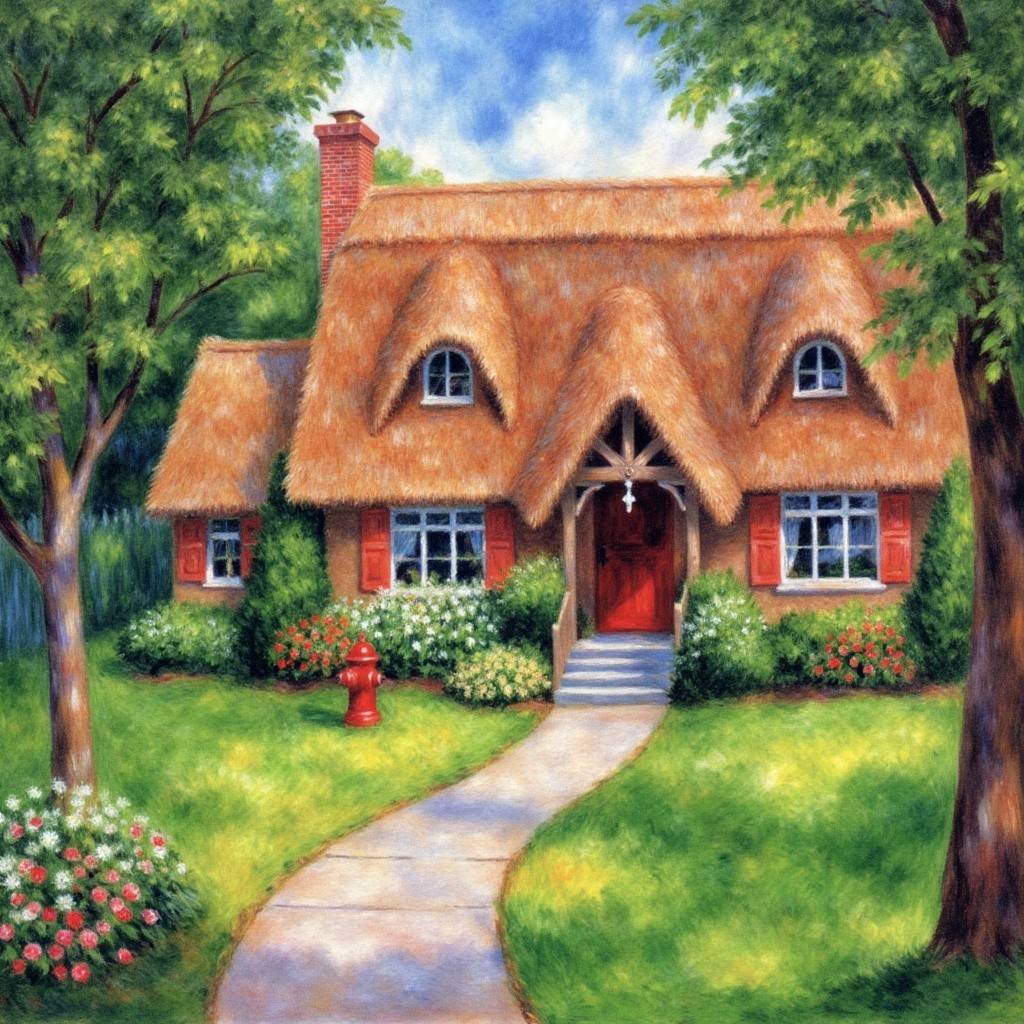 Thatched-Roof Cottage Surrounded by Lush Greenery