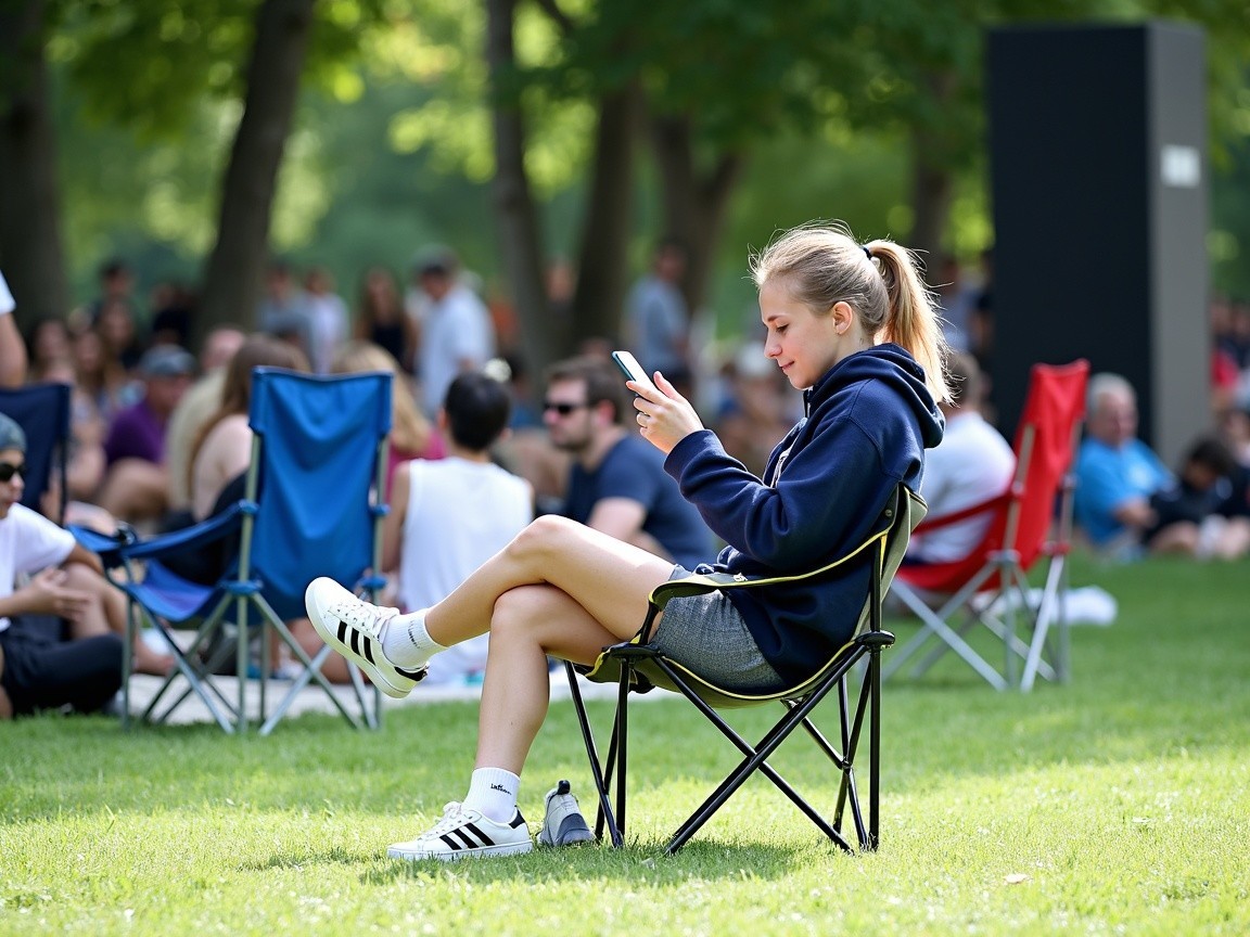 Young woman in hoodie sits in park crowd with phone