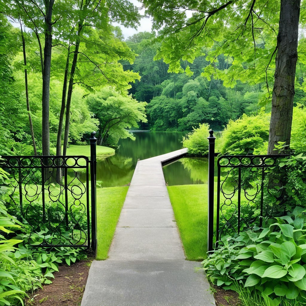 Tranquil Lake Pathway with Wrought-Iron Gate and Trees