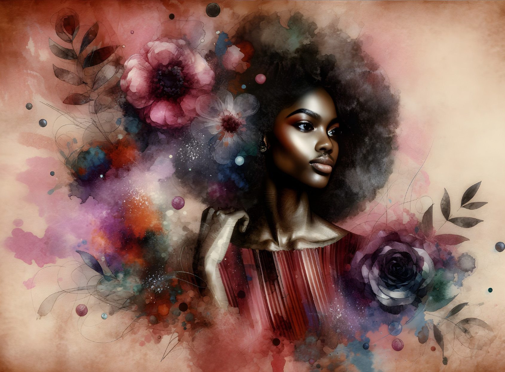 Portrait of a woman with curly afro and floral backdrop