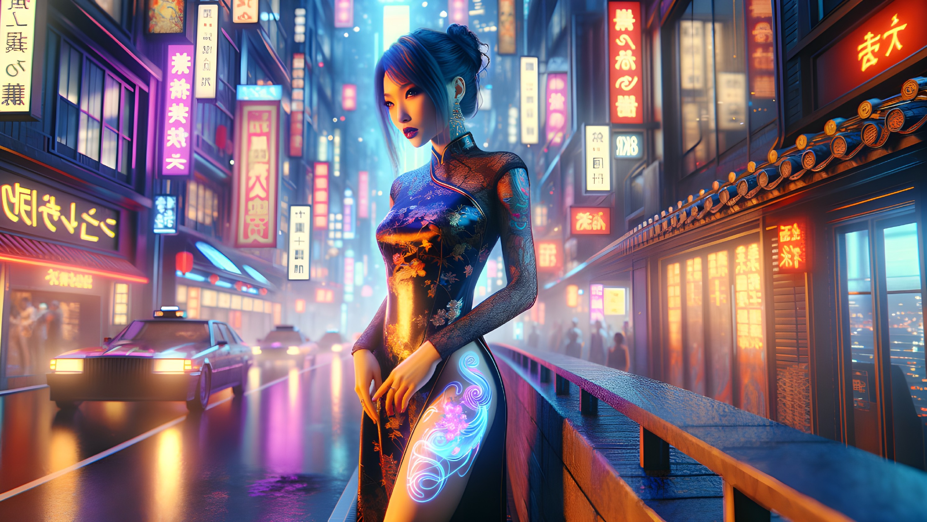 Blue-haired woman in futuristic outfit on neon-lit street at night