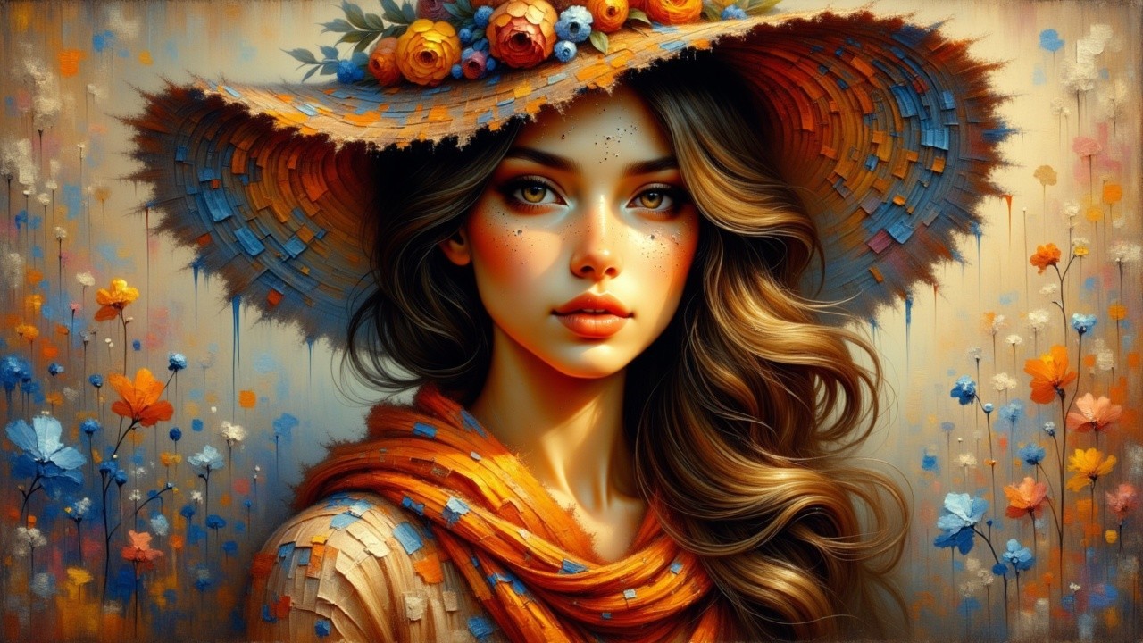 Young woman with flowing hair and floral hat