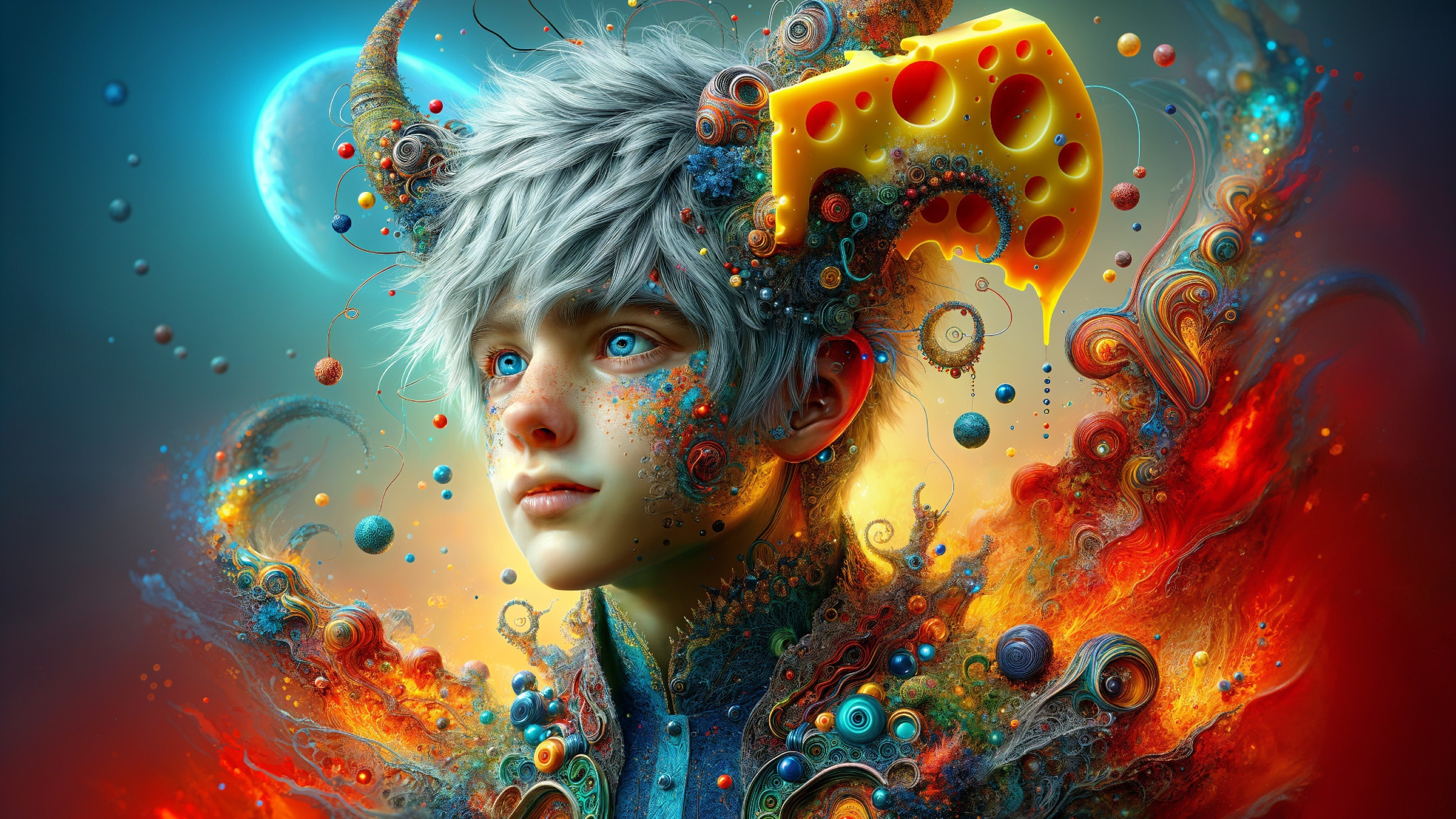 Surreal Portrait with White Hair and Cosmic Elements