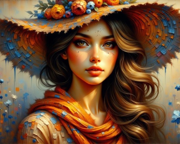Young woman with flowing hair and floral hat