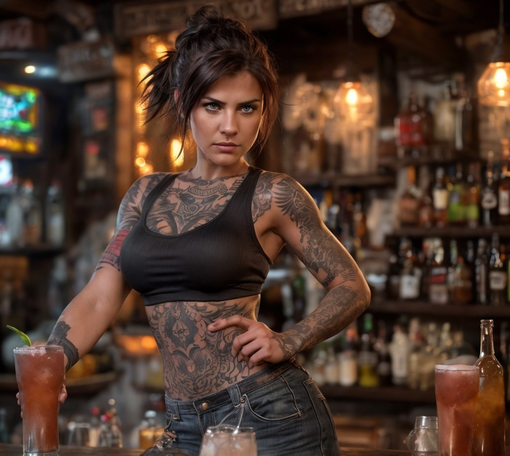 Tattooed Woman at Bar with Drinks and Casual Attire