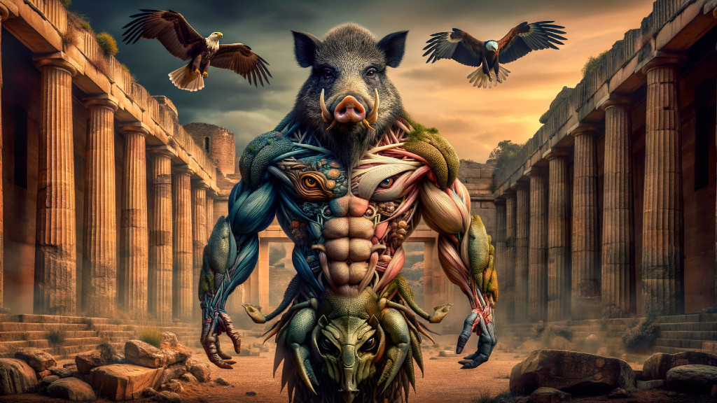 Muscular Figure with Animal Designs in Ancient Ruins