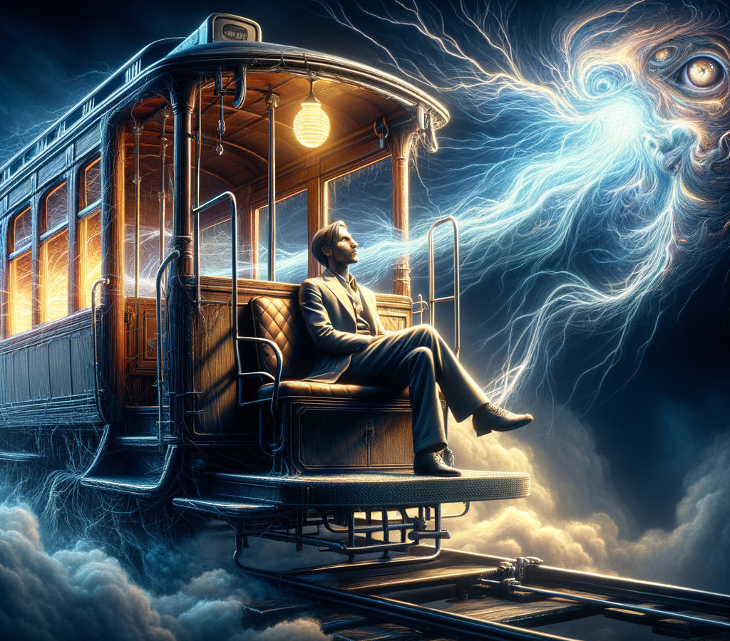 Man in Tram Surrounded by Clouds and Cosmic Energy
