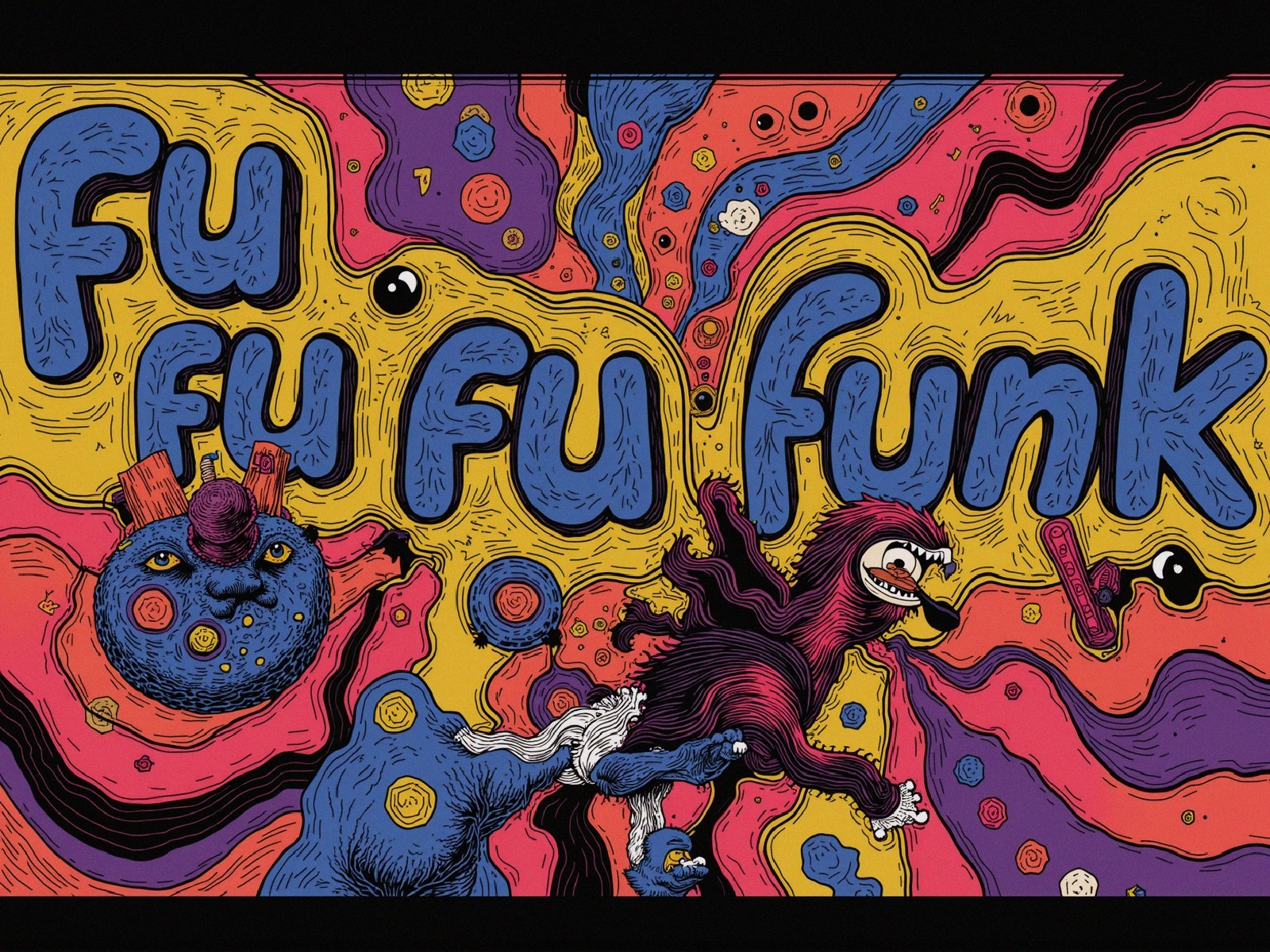 Psychedelic Illustration with Bold Letters and Colors
