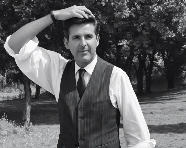 Black and white portrait of a man in a vest outdoors