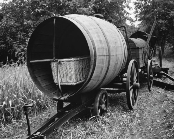Vintage wooden cart with barrels in green landscape