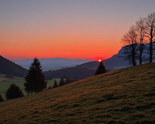 Sunset Over Valley with Colorful Sky and Silhouettes