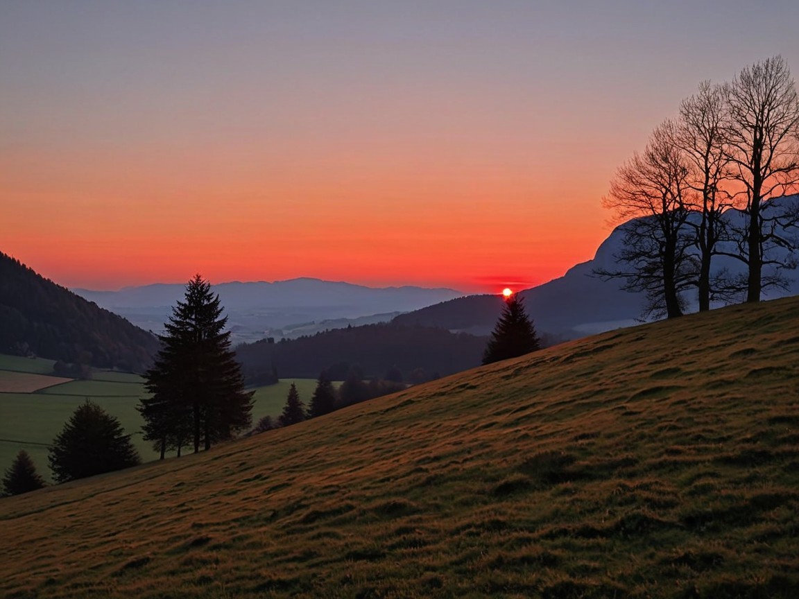 Sunset Over Valley with Colorful Sky and Silhouettes