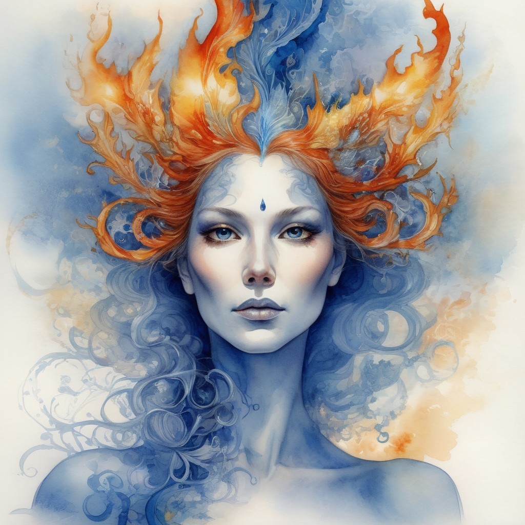 Mystical Woman with Fiery Hair Against Blue Background