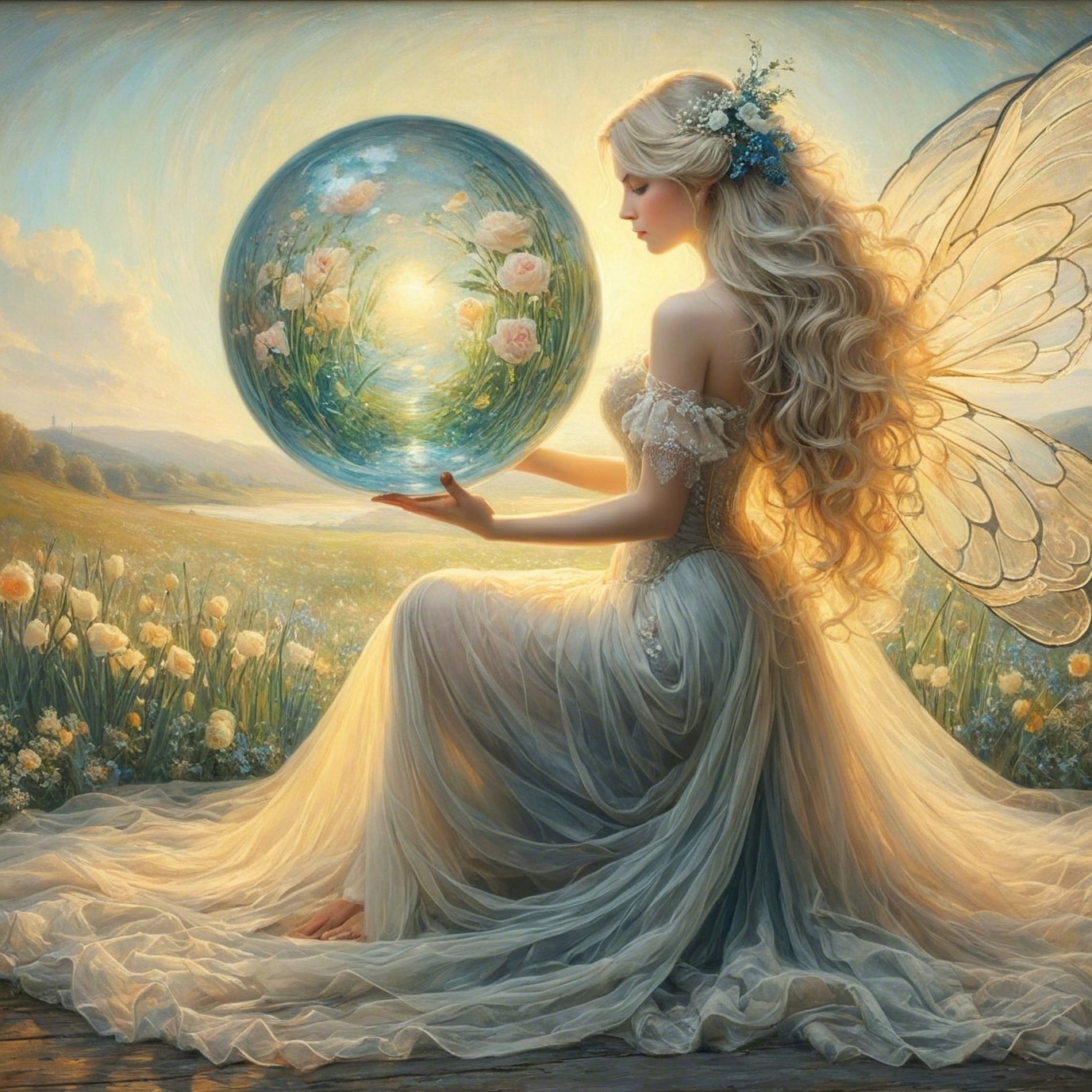 Fairy in a Meadow with Crystal Orb and Butterfly Wings