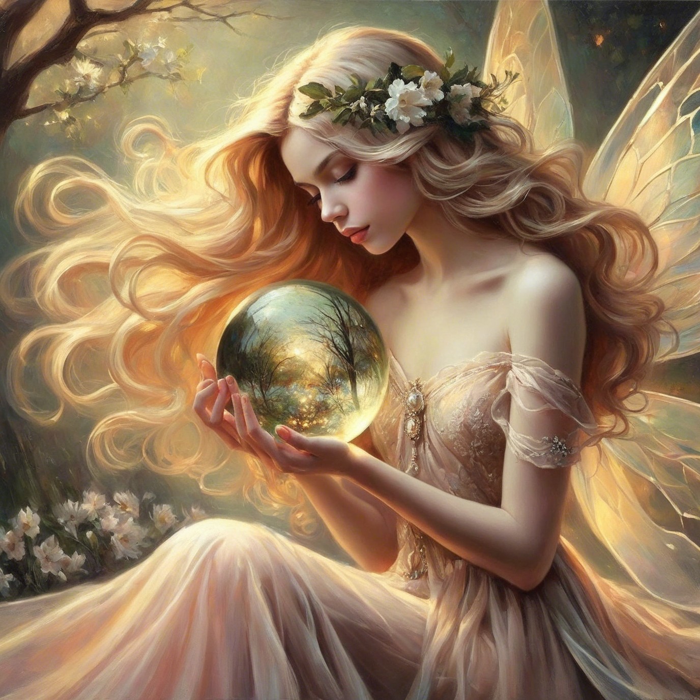 Fairie in Gown with Crystal Ball in Pastel Forest