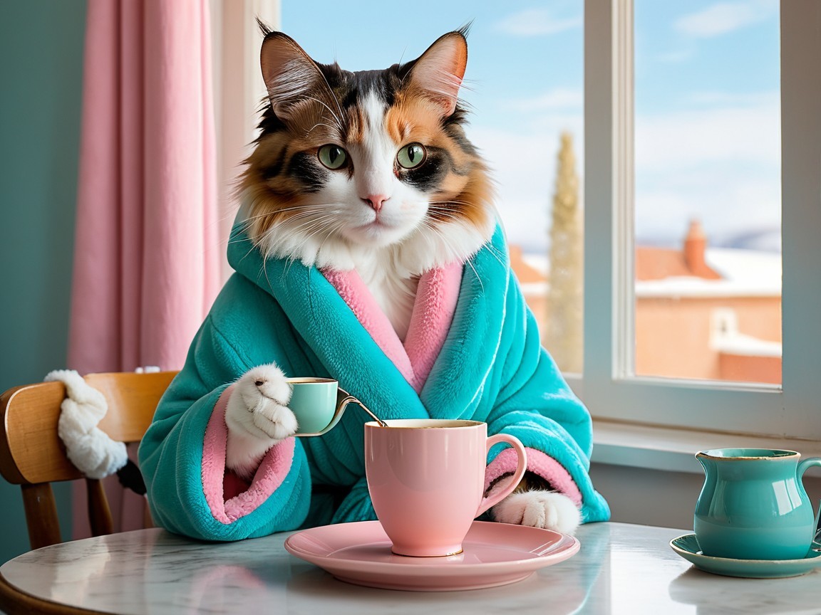 Calico Cat in Turquoise Bathrobe by Window with Tea
