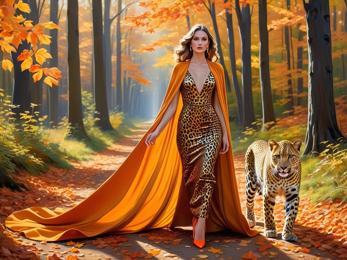 Confident Woman in Leopard-Print Gown in Autumn Forest
