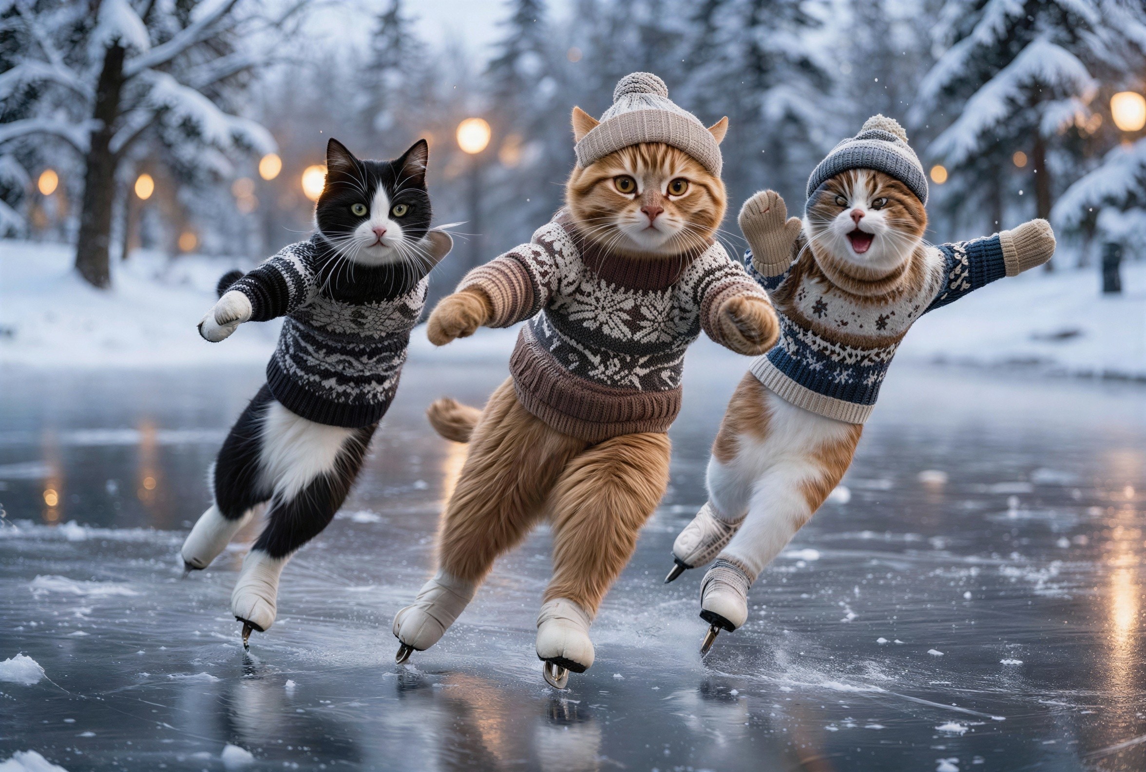 Cats Ice Skating on a Frozen Pond at Night