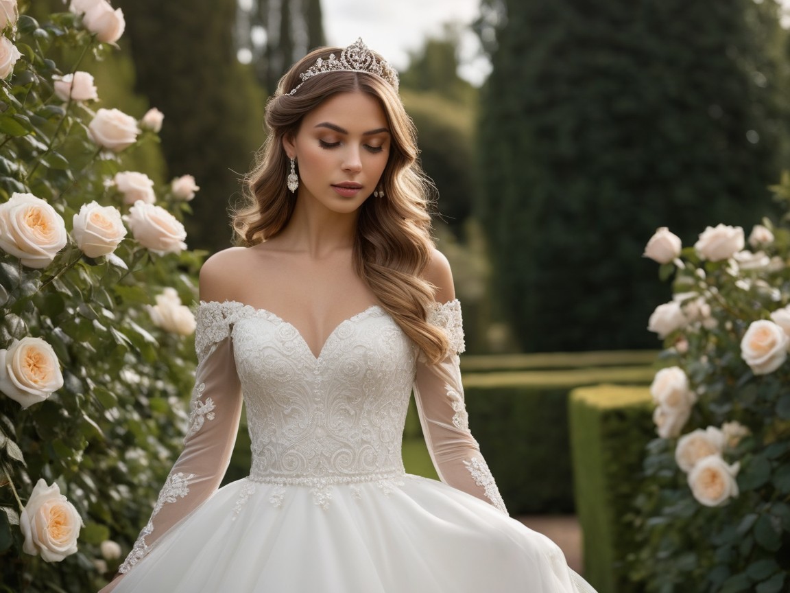 Young woman in wedding dress among rosebushes in garden
