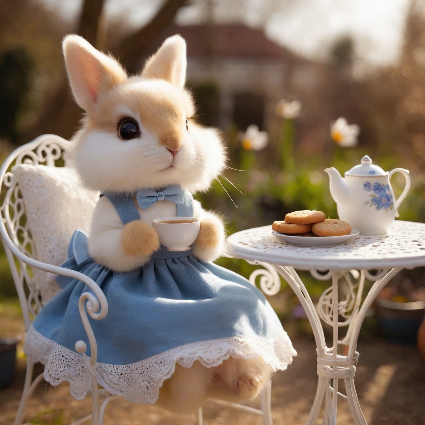 Rabbit in Blue Dress on Vintage Chair in Garden