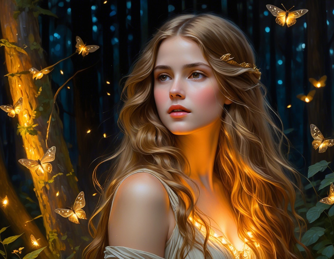 Young Woman in Ethereal Dress in Dark Forest Setting