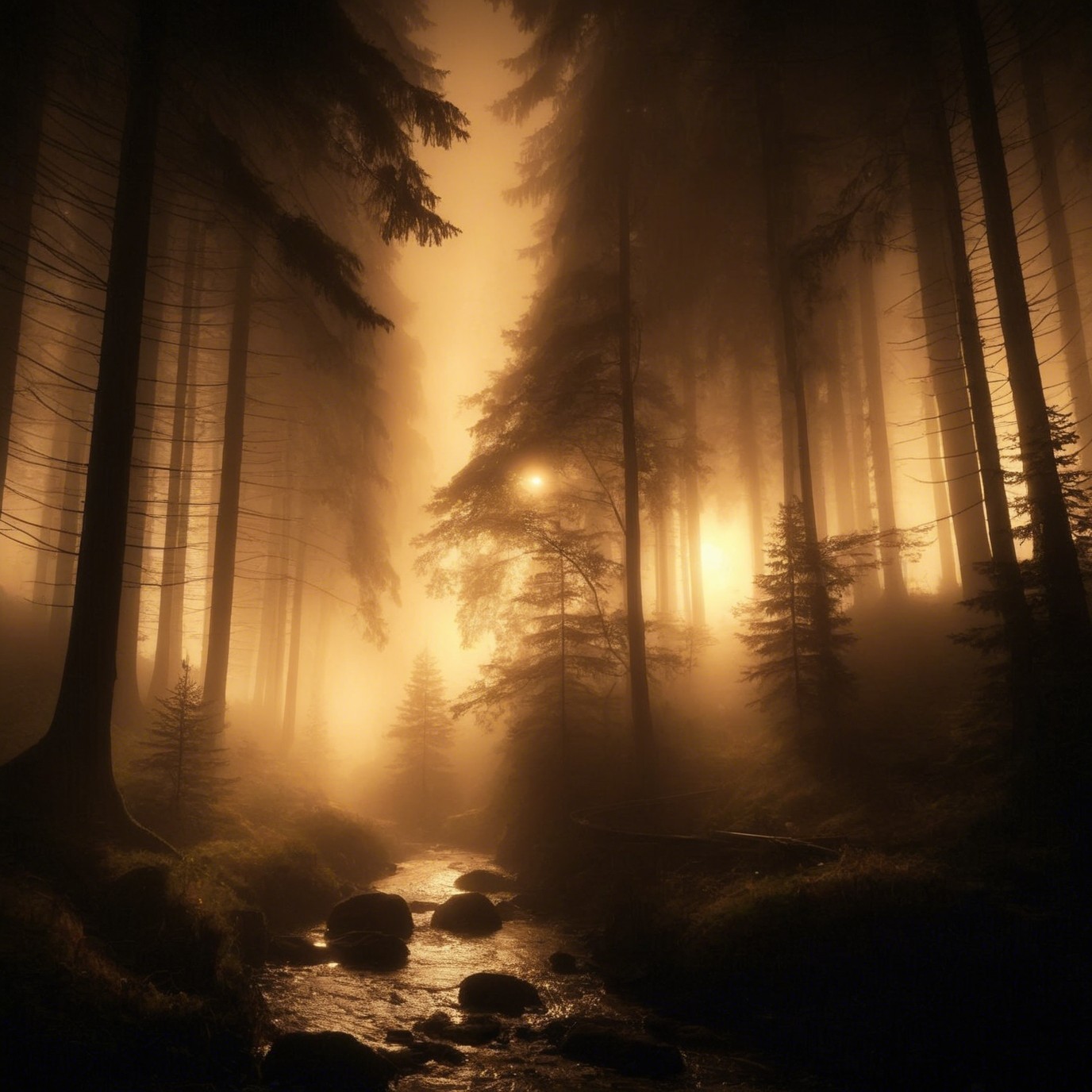 Misty Forest with Golden Glow and Gentle Stream
