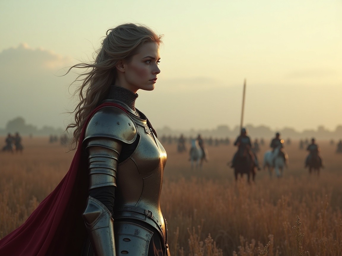 Warrior in Armor Against Dusk Sky with Battlefield View