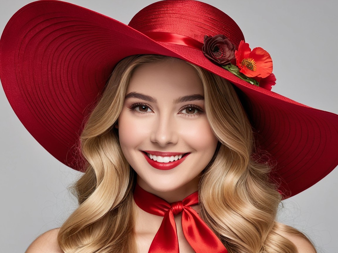 Young woman in red hat with flowers and bright smile