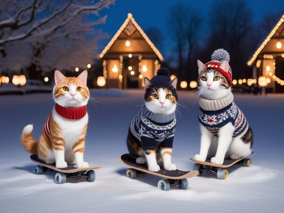 Three Cats in Winter Sweaters on Skateboards at Night