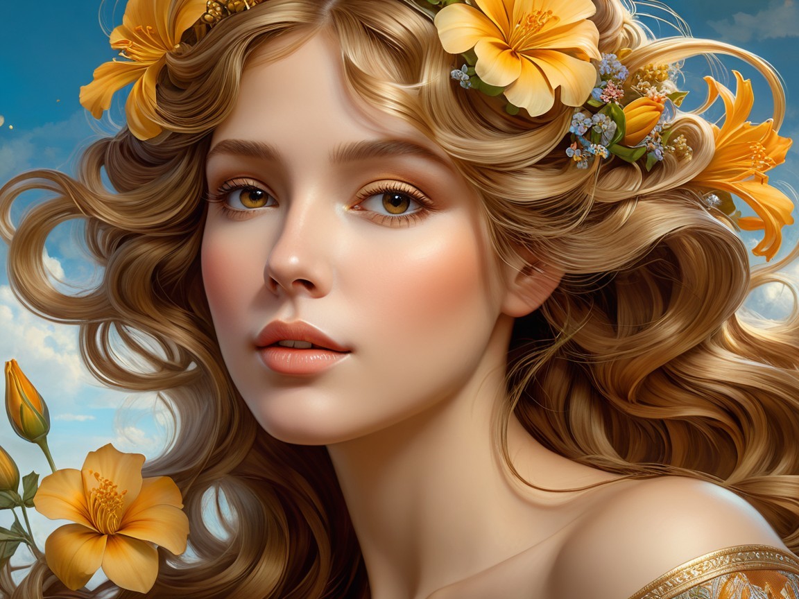 Portrait of a woman with golden curls and flowers