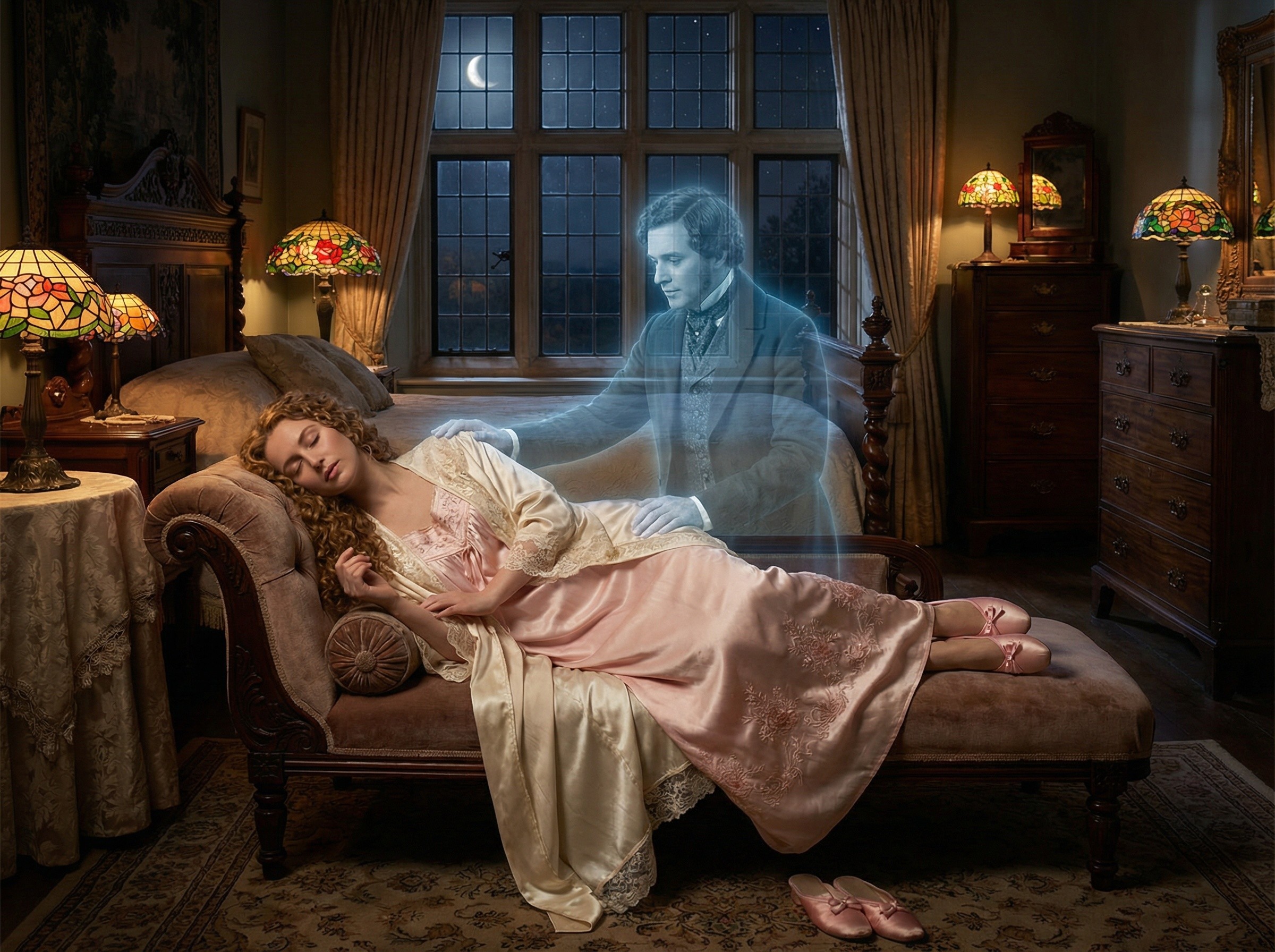Victorian Bedroom Scene with Ghostly Apparition