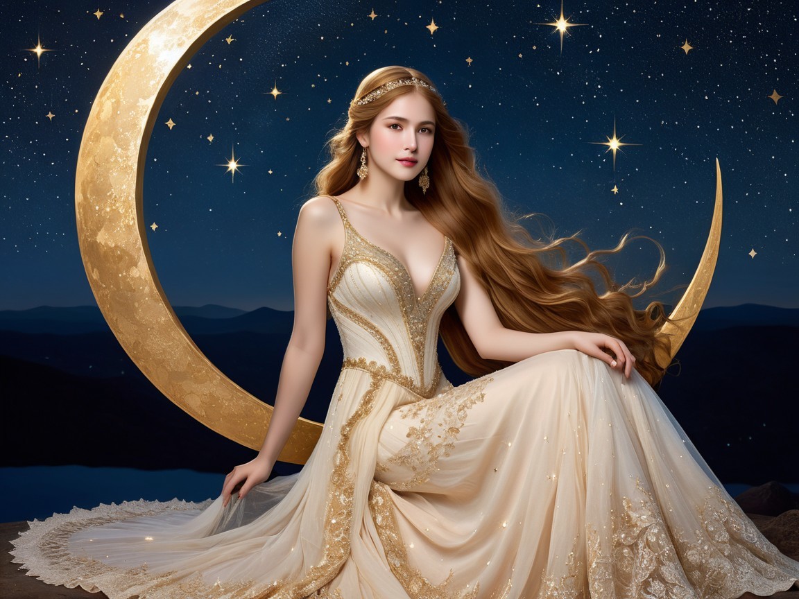 Ethereal Scene of a Woman on a Crescent Moon