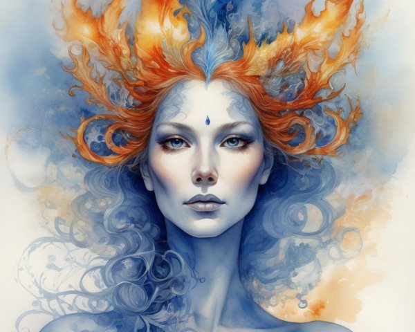 Mystical Woman with Fiery Hair Against Blue Background